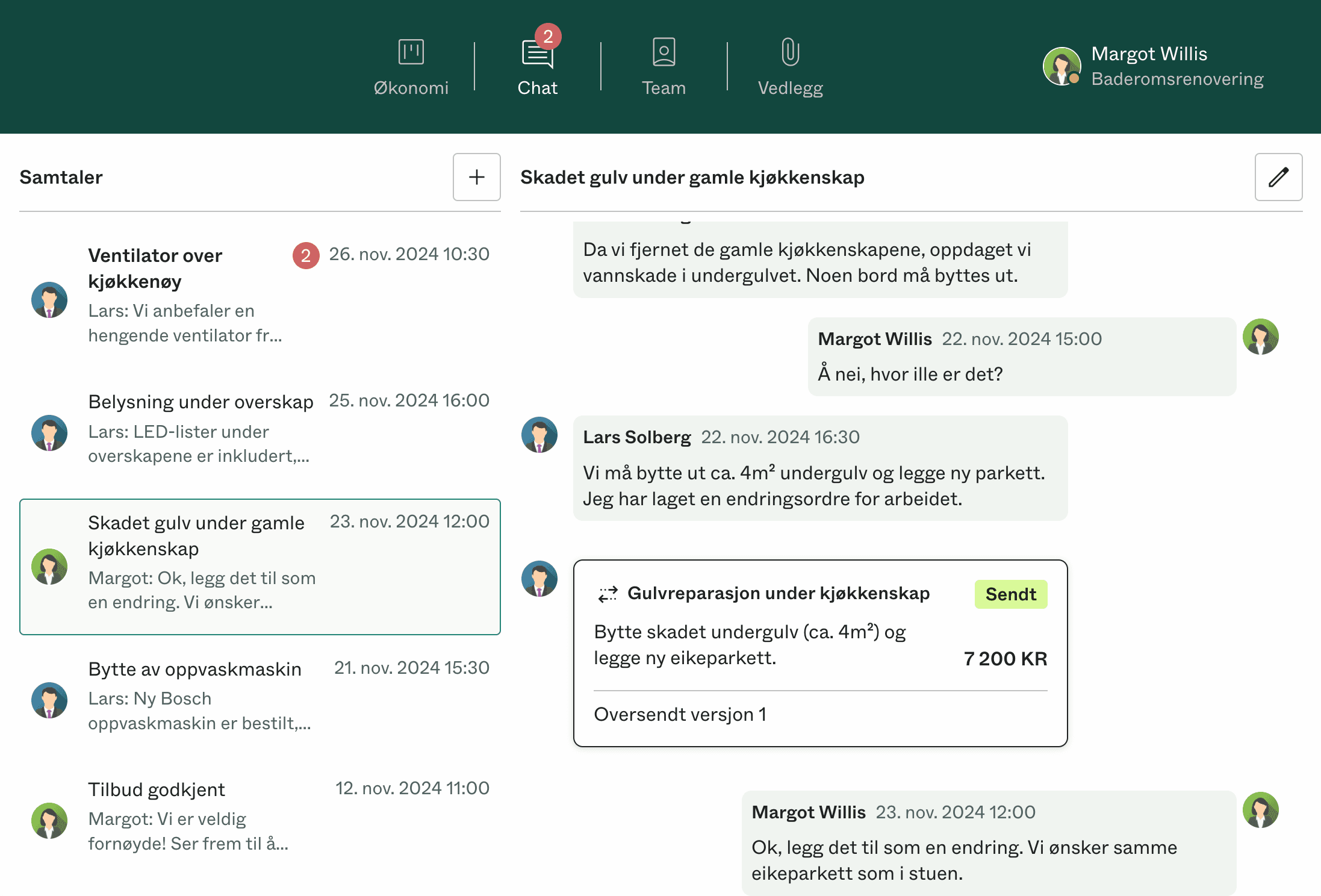 Kundedialog i Dealight med bilder og meldinger