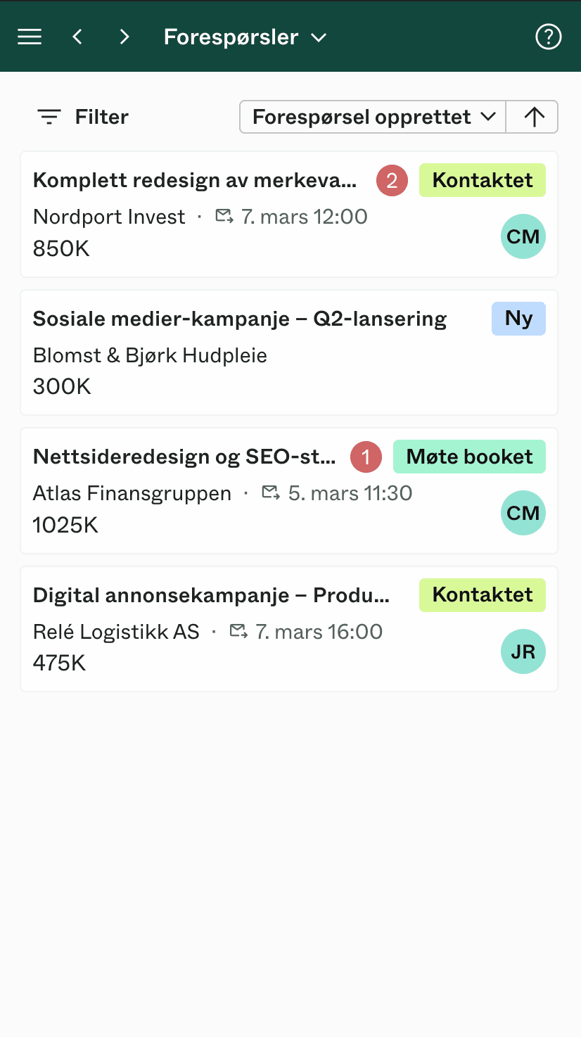 Dealight innboks med innkommende forespørsler fra potensielle kunder