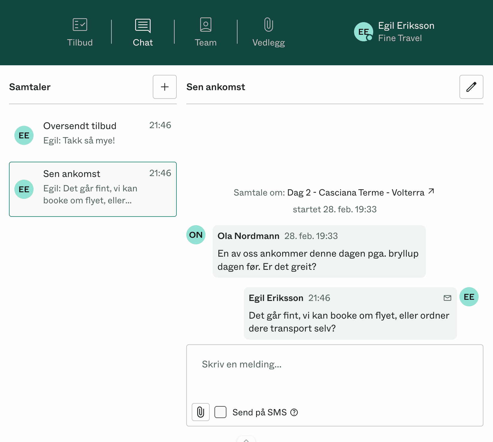 Kundedialog i Dealight med event- og reisedetaljer