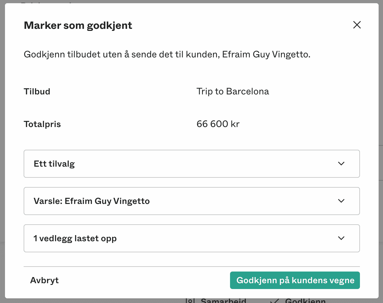 Godkjenn tilbud på vegne av kunden